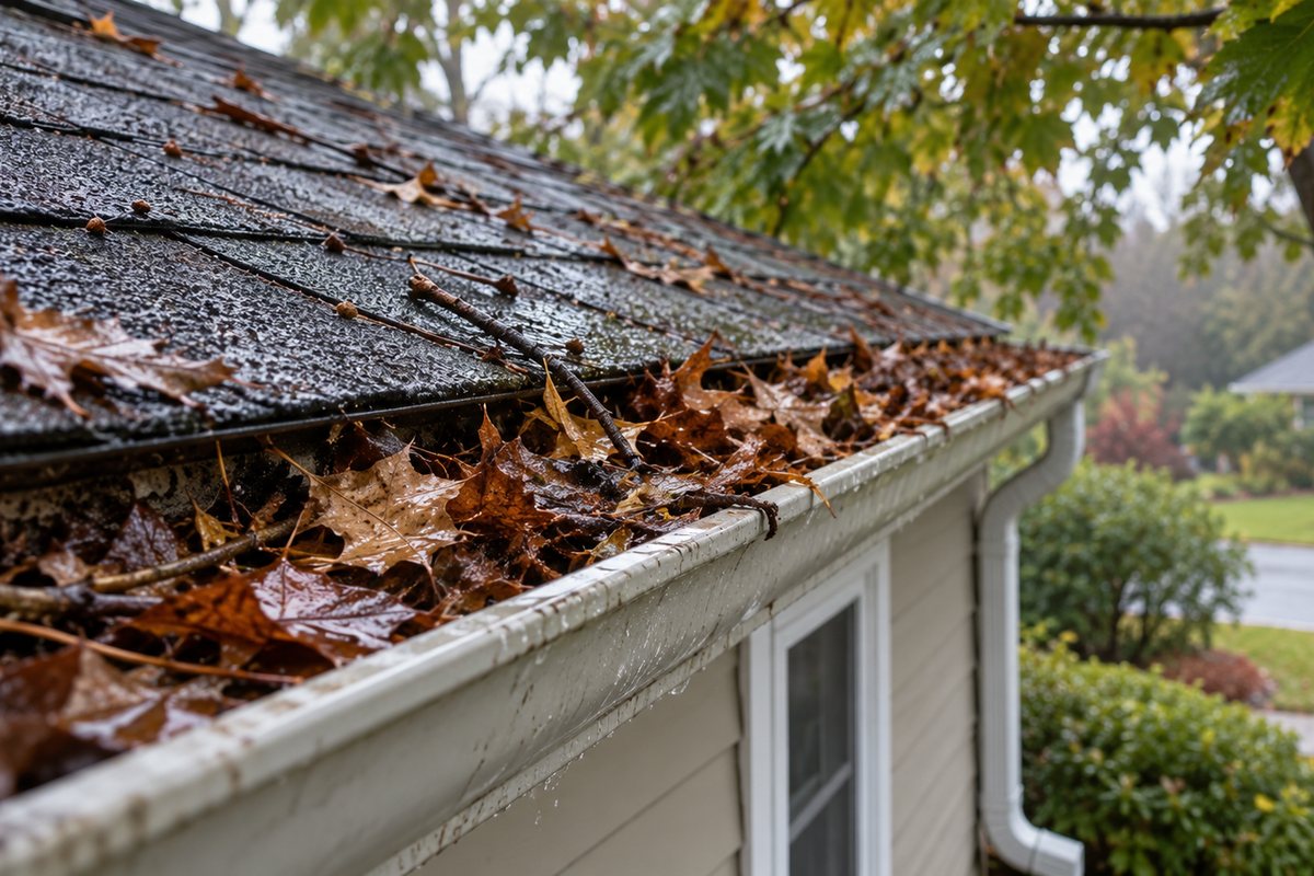 A gutter packed with wet fallen leaves and twigs along the roof edge of a house, with the trees that dropped them overhead.